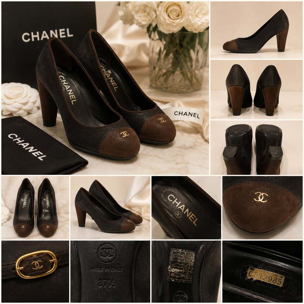 Chanel Black and Brown Suede CC Cap Toe Block Heel Pumps Size 37.5
